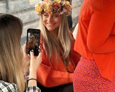 a hen showing off her handmade flower crown