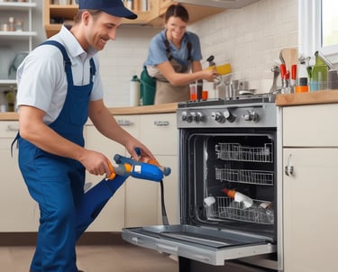 A modern workspace showcasing skilled technicians repairing various household appliances.