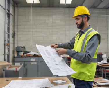A bright red safety helmet is placed on a rough black surface in a construction site. The background is blurred but shows construction structures and cranes, creating an industrial atmosphere.