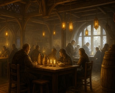 A warmly lit inn glows with lanternlight as people gather at wooden tables, sharing food & drink
