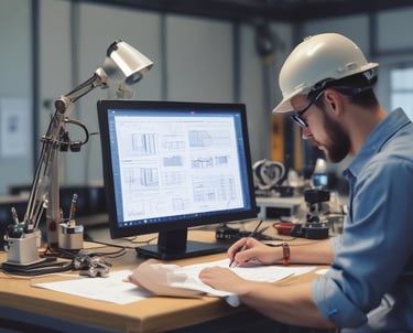 A professional reviewing technical reports in an office.
