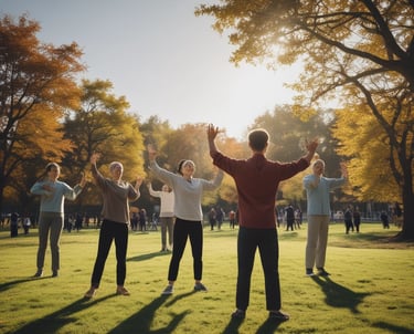 A serene outdoor setting with a person practicing qigong amidst nature.