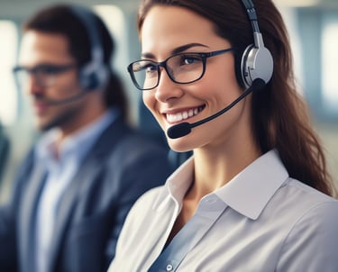 A friendly customer service representative assisting a client over the phone.