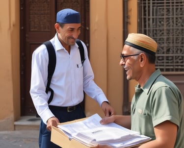 A delivery person handing over a document at a doorstep.