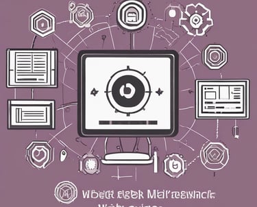 A man stands at a whiteboard in a modern office setting. The whiteboard displays a website wireframe sketch with some notes. The man is wearing a white t-shirt and is holding a marker. In front of him, on a wooden table, there is a laptop with various stickers, a smartphone, and an electronic device. The office features large windows and sleek lighting fixtures.