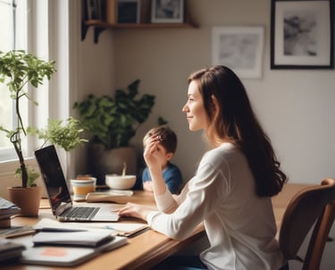 A diverse group of professional women working remotely on laptops in a bright home office.