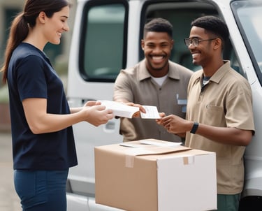 A delivery driver handing over a package containing medications to a healthcare professional.