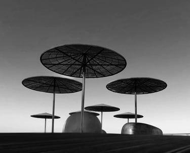 Black and white photo of umbrellas on a pier