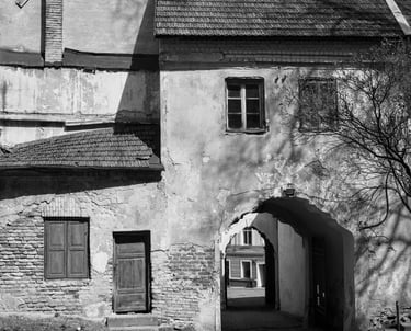 Image showcasing an aged building, exuding a vintage charm in black and white