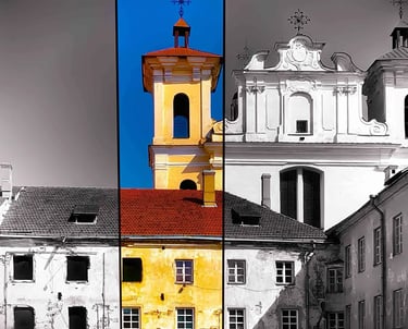 Two buildings in different colors: one blue, one yellow
