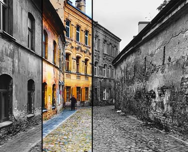 Captivating snapshots of Vilnius old town, featuring two distinct views of an ancient city stree
