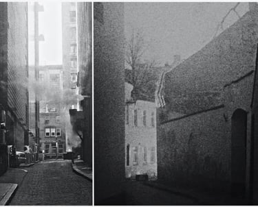 Smoke filled alleyways captured in a Boston andVilnius photo collage
