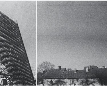 A monochrome Boston andVilnius photo collage showcasing two images of a buildings