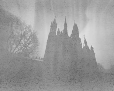 Misty church in monochrome, captured with pinhole