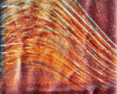 Red background with wave painting, depicting sun path over six months.