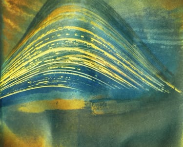 Rusty photopaper with yellow photo, weathered by sun exposure over six months