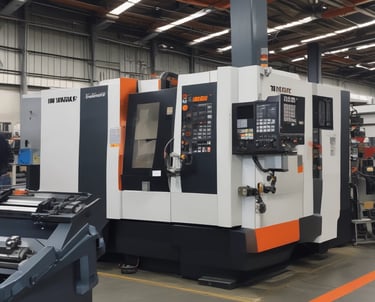 A detailed close-up of a CNC machine that is milling or drilling into a piece of metal on a workbench. The focus is on the cutting tool and the metal piece, showing precision and industrial craftsmanship.