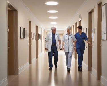 A large hospital ward filled with beds, where several patients are either sitting or lying down. Two nurses in white uniforms are standing to the right, attending to patients. The room is decorated with garlands and paper lanterns, suggesting a festive or ceremonial atmosphere.