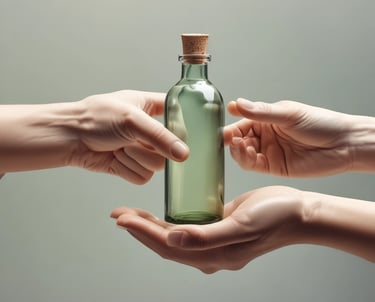 Two hands are holding small green beverage bottles labeled 'magic mind' against a gradient background that transitions from yellow to pink. The bottles have labels indicating ingredients such as matcha and honey. The nails on the hands are painted in different pastel colors.