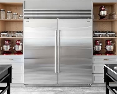 a kitchen with a refrigerator and a microwave