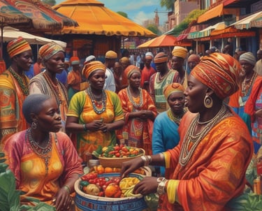 A vibrant outdoor market in a wooded area with various vendors displaying their goods on tables. Colorful textiles, handmade crafts, and souvenirs are visible. Several people are browsing and walking along the path, which is lined with purple umbrellas providing shade.