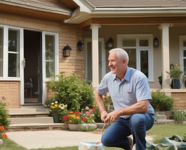 A two-story brick house features green shutters on its windows and a red metal roof. The front porch has teal railings and supports, with a set of concrete steps leading up to it. Fallen leaves cover the ground while bare branches from a nearby tree extend into view.