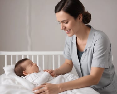 A healthcare professional wearing a mask and gloves is attending to a newborn in a hospital setting. The room contains medical equipment such as monitors and gauges. The newborn is lying in a bassinet, wrapped in a blanket.
