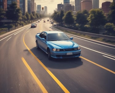 A person in a white outfit leans out of a window of a minibus in a busy urban street. Several cars are visible in the background, and there is a sign for an insurance company with red and white accents. Shadows and sunlight create a dynamic play of light on the scene.