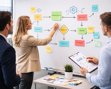 O que é Gestão da Qualidade na prática com equipe desenhando fluxograma de processos