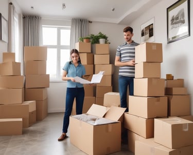A vintage green and white van with a luggage rack on the back is loaded with an orange and gray duffel bag. The bag is secured with straps. In the background, there is a blurred view of greenery and trees indicating motion.