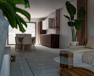 a living room with a couch and a table