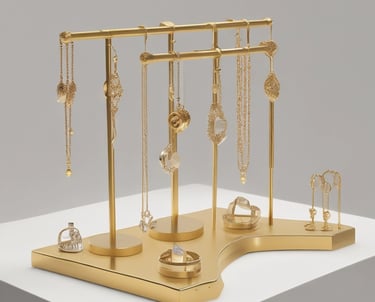 A jewelry display in a store showcases a set of jewelry with blue gemstone accents. The centerpiece is an elegant necklace with a heart-shaped design and matching earrings. The pieces are presented on a green velvet display stand, giving a luxurious and sophisticated appearance.