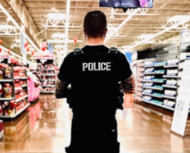 Uniformed off-duty police officer providing security at a Pacific Northwest retail location