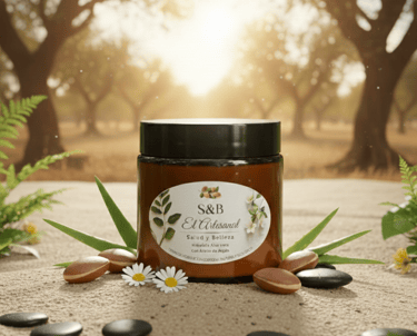 S&B El Artesanal organic skincare cream jar with argan nuts, aloe vera, and daisies in a sunny field.