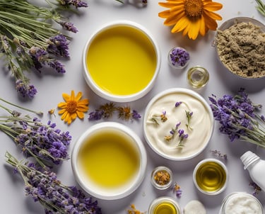 Natural skincare products with essential oils, herbal extracts, and lavender flowers for organic beauty care.