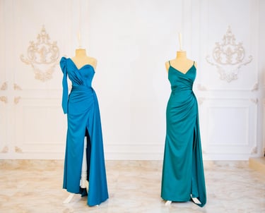 two dresses on mannequins in a room