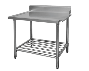 Stainless steel pass-through dishwasher inlet and outlet benches with a pipe undershelf.
