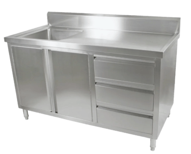 Stainless steel kitchen tidy cabinet with sink beside a large prep area.