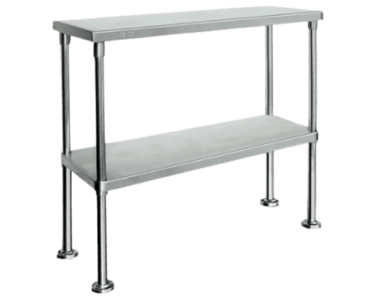 A two-tier stainless steel overshelf for benches with adjustable height.