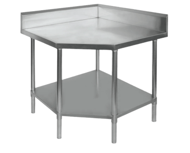Heavy duty stainless steel corner bench with splashback and undershelf.