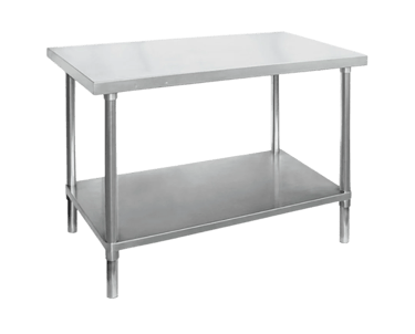 Heavy duty stainless steel work table with a solid under shelf and adjustable legs.
