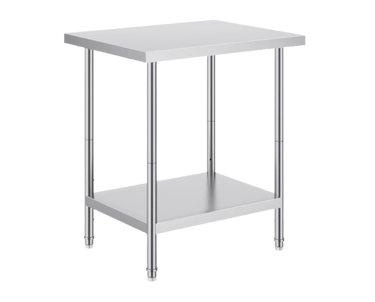 A light duty stainless steel flat benchtop with a lower shelf and adjustable legs on a white background.