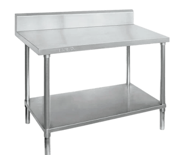 One of our stainless steel benches with splashback featuring a solid lower shelf and adjustable legs.
