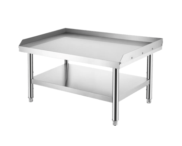 Stainless steel grill stand with a bottom shelf for storage.