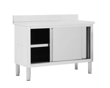 Stainless steel benches with cabinet featuring sliding doors and adjustable bullet feet.