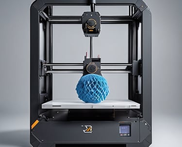 A 3D printer in a workshop setting, featuring a partially printed white object on the build plate. Behind the printer, there are shelves with various containers, suggesting a workspace. The machine is equipped with visible wires and components.