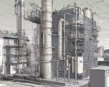 Two large wind turbines with three blades each stand against a cloudy blue sky, indicating a focus on renewable energy.