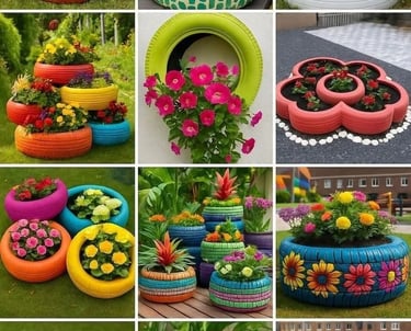 Up-cycle of old car tires into a flower bed for outdoor spaces