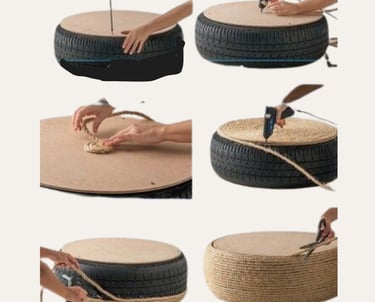 Step-by-step DIY tutorial for making an upcycled tire ottoman using rope, wood, and a glue gun.