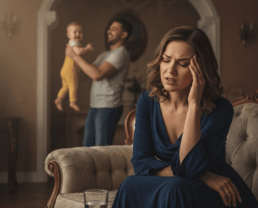 a woman with a headache sitting on a couch